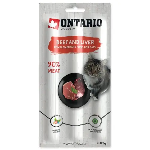 ONTARIO Mi臋kki kabanos dla kot贸w wo艂owina z w膮tr贸bk膮 pakowane po trzy sztuki 3x5g Nowy
