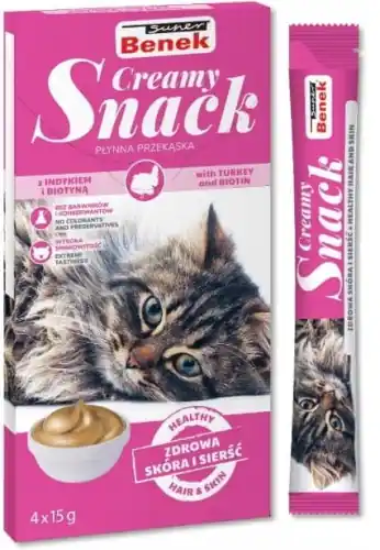 Wysoka jakość SUPER BENEK Creamy Snack - p艂ynna przek膮ska dla kot贸w z indykiem i biotyn膮 4x 15g