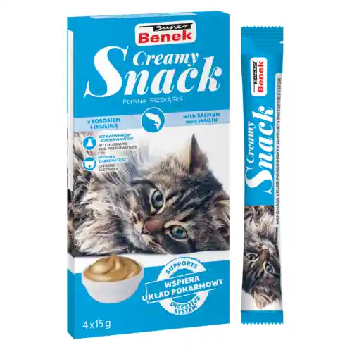 SUPER BENEK Creamy Snack - p艂ynna przek膮ska dla kot贸w z 艂ososiem 4x15g Wysoka jakość