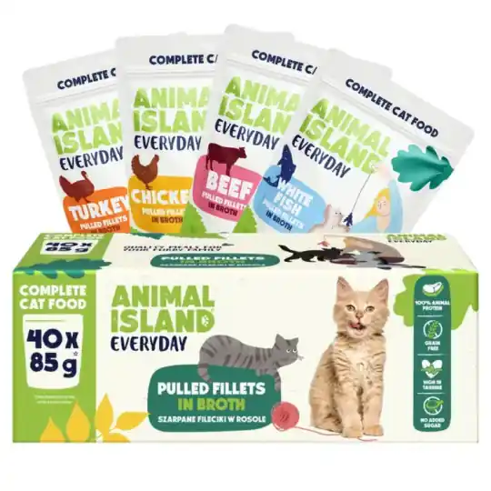ANIMAL ISLAND Everyday Wołowina, kurczak, indyk i biała ryba filety w rosole Box - mokra karma dla kota - 40 x 85g Obniżka ceny
