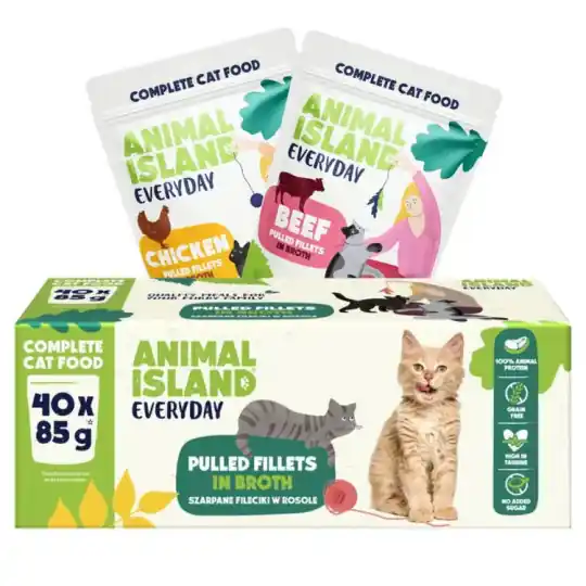 Okazja ANIMAL ISLAND Everyday Wołowina i kurczak filety w rosole Box - mokra karma dla kota - 40 x 85g