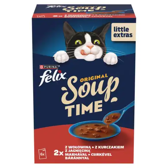 PURINA Felix Original Soup Time Box Wiejskie smaki Wołowina, jagnięcina, kurczak - mokra karma dla kota - 6x48g Łatwy zwrot