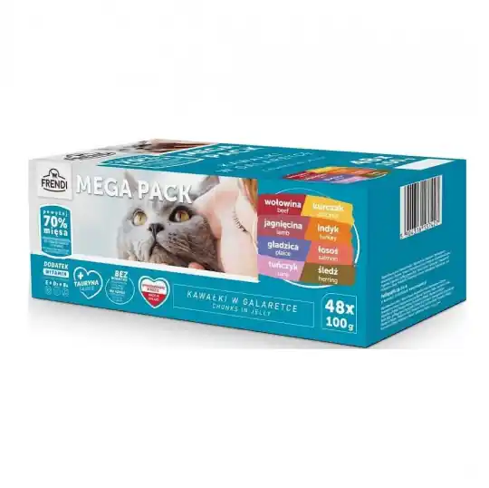 FRENDI Mega Pack Kawałki w galaretce Box - mokra karma dla kota - 48x100g Bezpieczne zakupy