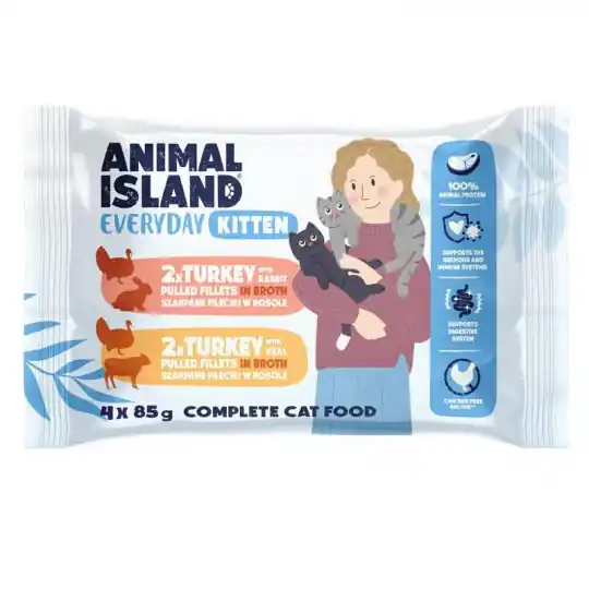 Oferta czasowa ANIMAL ISLAND Everyday Kitten Indyk z królikiem, Indyk z cielęciną Box - mokra karma dla kota - 4x85g