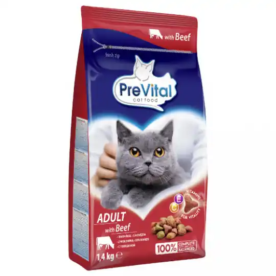 PREVITAL -Z wołowiną karma sucha - Pełnoporcjowa karma dla dorosłych kotów - 1,4kg Szybka dostawa