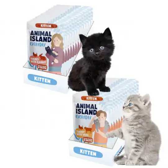 Zamów teraz ANIMAL ISLAND Everyday Kitten Indyk z cielęciną i Indyk z królikiem w rosole - mokra karma dla kota - 24x85g