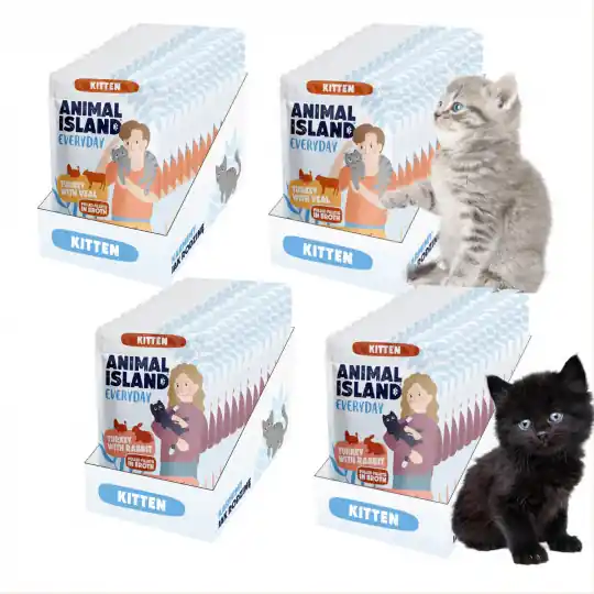 Okazja ANIMAL ISLAND Everyday Kitten Indyk z cielęciną i Indyk z królikiem w rosole - mokra karma dla kota - 48x85g