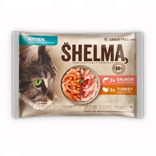 Wyprzedaż SHELMA Kitten z łososiem i indykiem w sosie - mokra karma dla kota - 4x85g