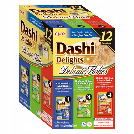 Niska cena INABA Dashi Delights Delicate flakes Mix z tuńczykiem Box - mokra karma dla kota - 12x40g