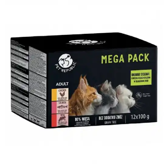 Tylko do końca tygodnia PETREPUBLIC Mega Pack Kurczak, łosoś, cielęcina Box - mokra karma dla kota - 12x100g