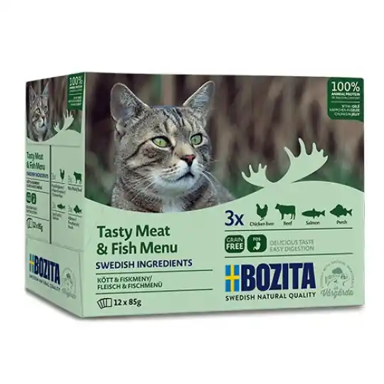 BOZITA Tasty meat & fish menu w galaretce Box - mokra karma dla kota - 12x85g Wysoka jakość