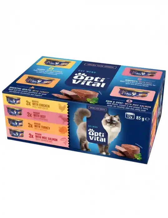 Bezpieczna płatność OPTIVITAL Mousse Wołowina, kurczak, indyk, łosoś Box - mokra karma dla kota - 12x85g