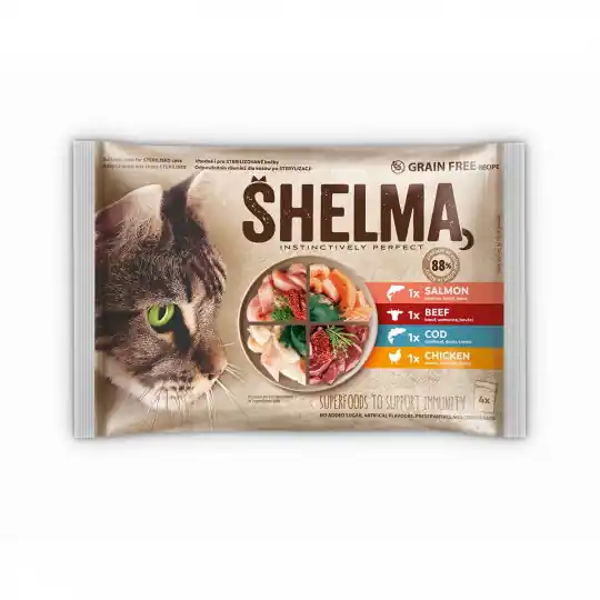 SHELMA Bogata w łososia, dorsza, wołowinę i kurczaka - mokra karma dla kota - 4x85g Oferta limitowana