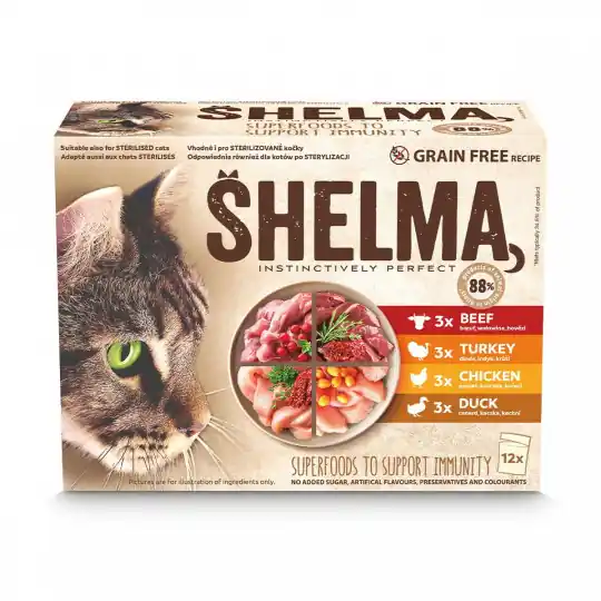 Oferta limitowana SHELMA z indykiem, kaczką, kurczakiem i wołowiną w sosie Box - mokra karma dla kota - 12x85g