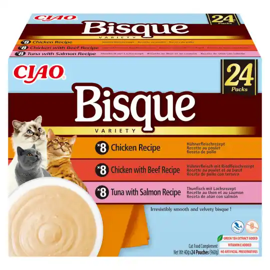 Szybka dostawa INABA Ciao Bisque Zupa krem z kurczakiem wołowiną i rybą Box - przysmak dla kota - 24x40g
