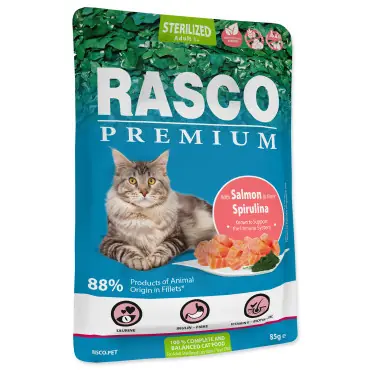 Bezpieczne zakupy RASCO PREMIUM STERILISED KARMA DLA KOTA - łosoś i spirulina fileciki w sosie