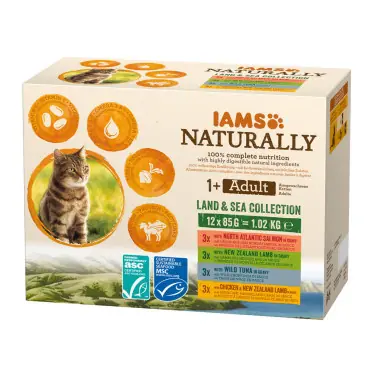 Bezpieczna płatność IAMS CAT NATURALLY LAND and SEA MOKRA KARMA DLA KOTA kolekcja smaków w sosie
