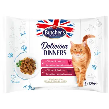 BUTCHERS DELICIOUS DINNERS KARMA DLA KOTA mix smaków z kurczakiem, wątróbką i wołowiną Hit cenowy