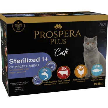 Hit sprzedaży PROSPERA PLUS STERILIZED MOKRA KARMA DLA KOTA mix 4 smaków