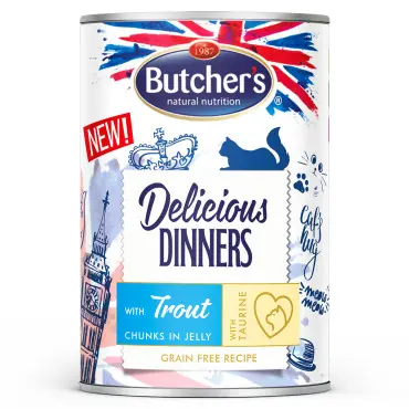 BUTCHERS DELICIOUS DINNERS KAWAŁKI Z PSTRĄGIEM W GALARETCE KARMA DLA KOTA Najlepsza cena