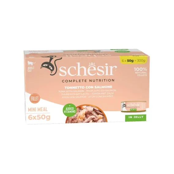 Oferta czasowa Schesir Mini Meal 6x50g - tuńczyk z łososiem galaretka mokra karma dla kota multipack