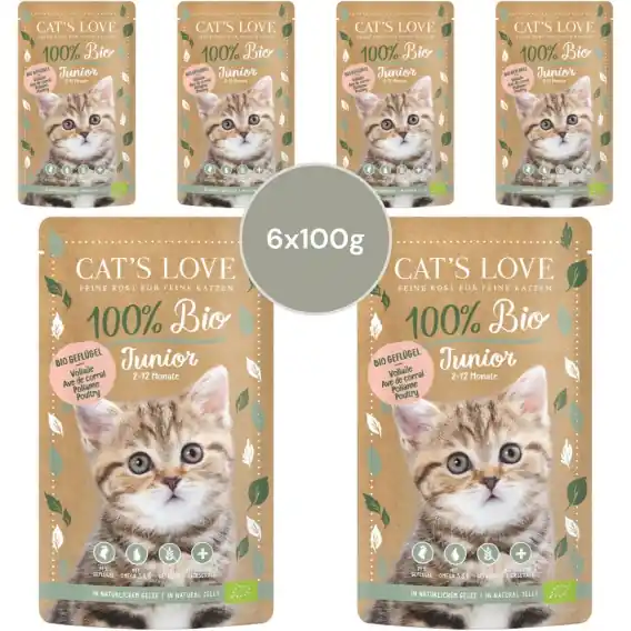 Ograniczona ilość Zestaw 6x100g CAT‘S LOVE Junior BIO Poultry - ekologiczny drób w naturalnej galaretce