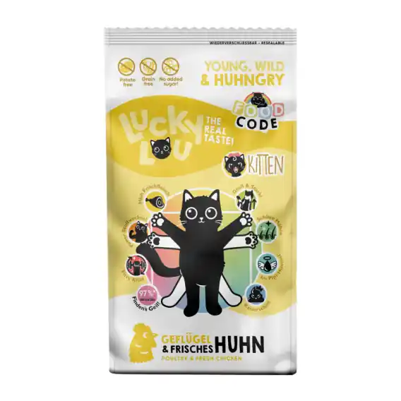 Zamów teraz Lucky Lou Food Code Lifestage Kitten drób kurczak - karma sucha dla kociąt 340g