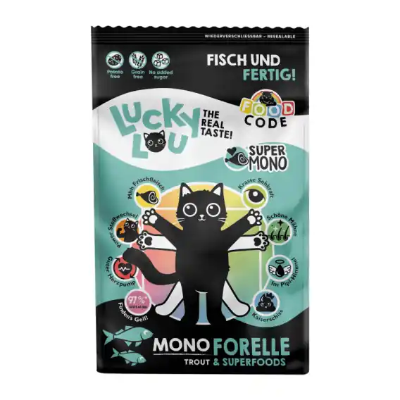 Cena promocyjna Lucky Lou Food Code Mono Pstrąg - karma sucha dla kota 750g