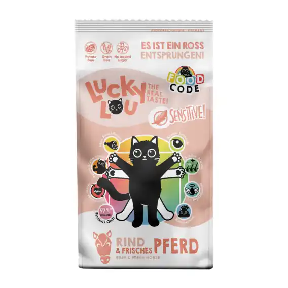 Bezpieczne zakupy Lucky Lou Food Code Sensitive wołowina i konina - karma sucha dla kota 340g