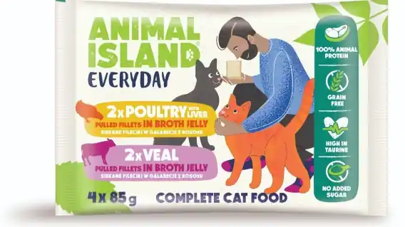 Dodaj do koszyka Animal Island saszetki cielęcina i drób z wątróbką 4x85g szarpane fileciki w galarecie dla kota