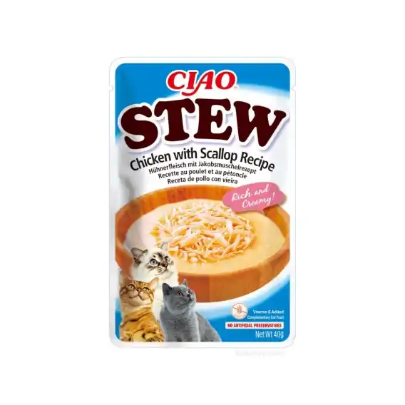 Darmowy zwrot Inaba Ciao Stew Chicken Scallop kurczak i przegrzebki - potrawka w sosie dla kota 40g