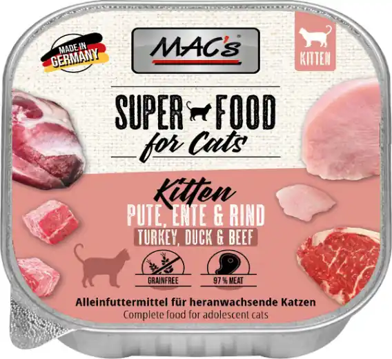 Ostatnie sztuki MAC‘s Kitten Superfood indyk, kaczka i wołowina - tacka 100g