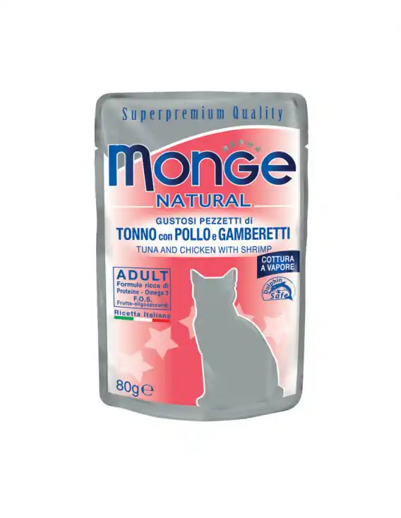 Monge Natural - Tuńczyk z kurczakiem i krewetkami w galaretce 80g Wybór klientów