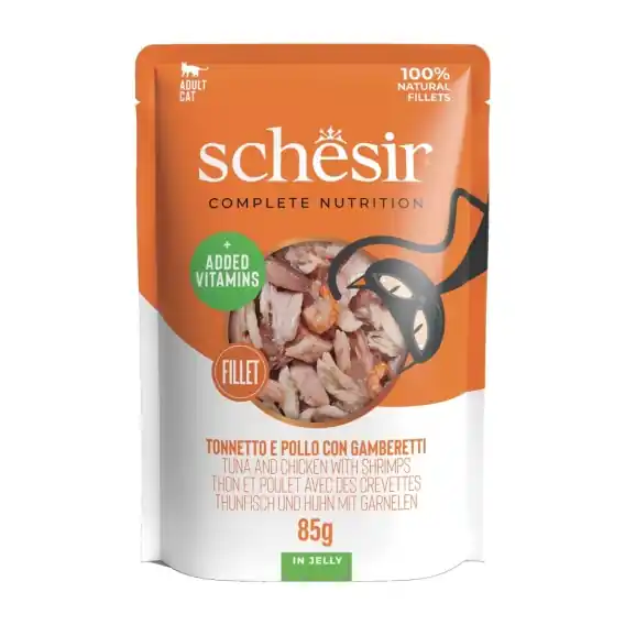 Wyjątkowa oferta Schesir Tuna Chicken Shrimps in Jelly tuńczyk z kurczakiem i krewetkami w galarecie - karma dla kota 85g