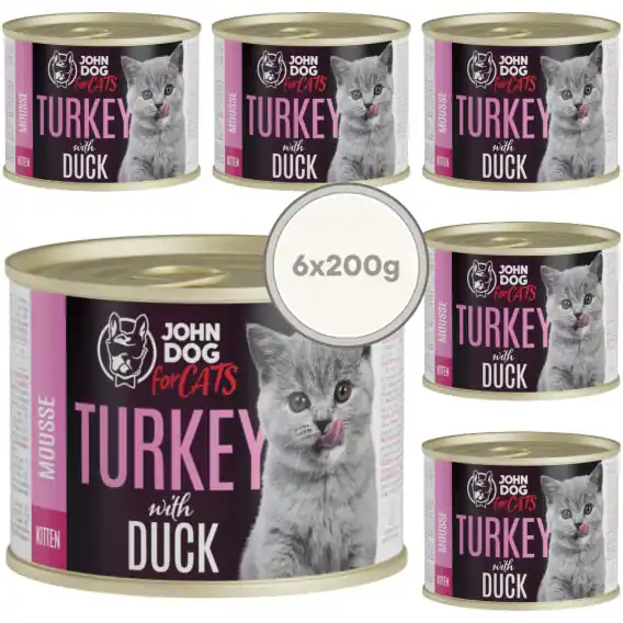 Szybka wysyłka Zestaw John Dog for Cats Kitten mus indyk i kaczka - karma mokra dla kociąt 6x200g