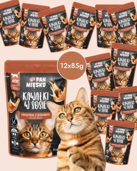 Darmowy zwrot Zestaw Pan Mięsko Kawałki w sosie Cielęcina z jeleniem 12x85g - mokra karma dla kota