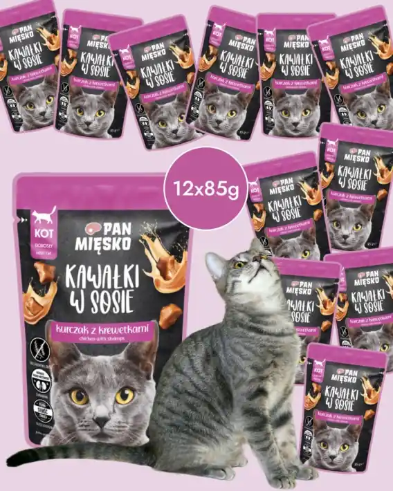 Najlepsza cena Zestaw Pan Mięsko Kawałki w sosie Kurczak z krewetkami 12x85g - mokra karma dla kota