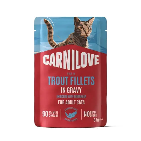Łatwy zwrot Carnilove Gravy pstrąg z jeżówką filety w sosie - karma mokra dla kota 85g