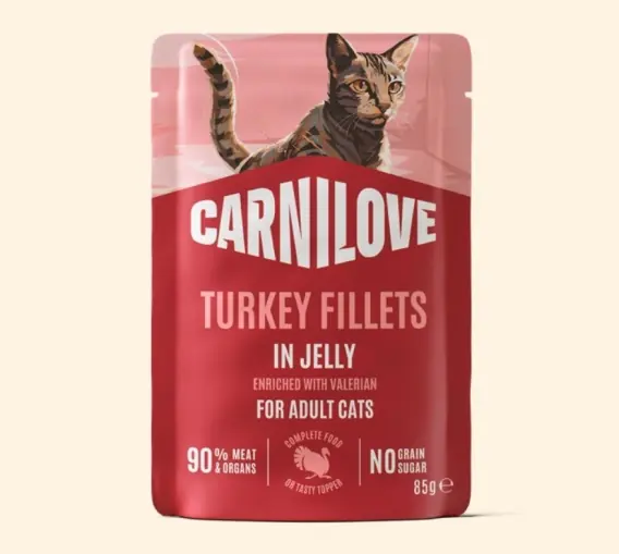 Bezpieczne zakupy Carnilove Jelly indyk z walerianą filety w galaretce - karma mokra dla kota 85g