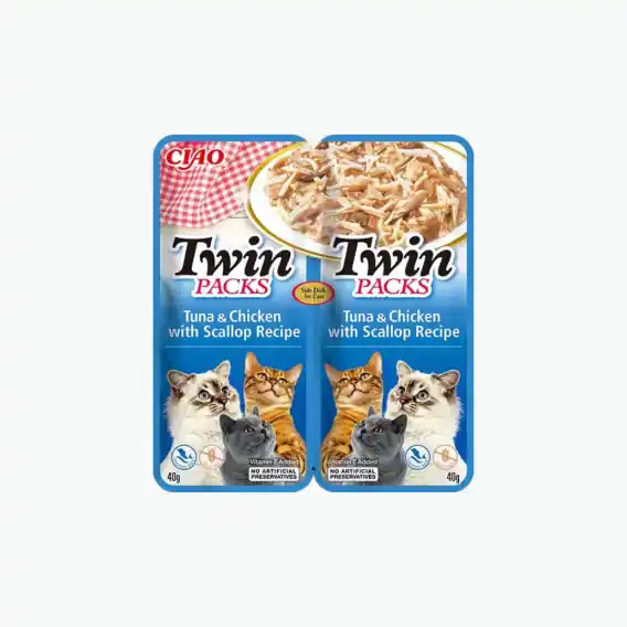 Wysoka jakość INABA TWIN PACKS z tuńczykiem kurczakiem i przegrzebkami w bulionie z przegrzebków - dwupak saszetek dla kota 2x40g