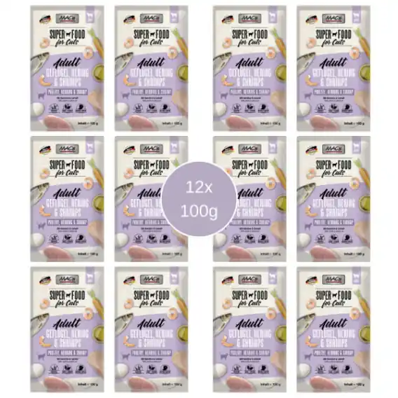 Pakiet 12x100g Mac‘s Cat Superfood drób, śledź i krewetki zestaw saszetek Darmowy zwrot