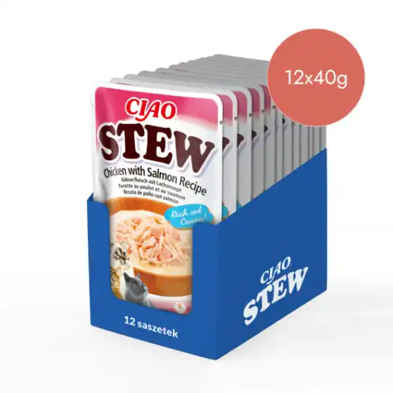 Zamów teraz Zestaw Inaba Ciao Stew kurczak i łosoś - potrawka w sosie dla kota 12x40g