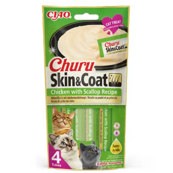 INABA Churu Skin Coat Chicken Scallop - kurczak z przegrzebkami - przysmaki dla kotów 4x14g Wysoka jakość