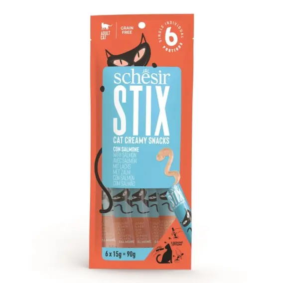 Ograniczona ilość Schesir Creamy Stix Salmon - kremowe przysmaki dla kota z łososiem 6x15g