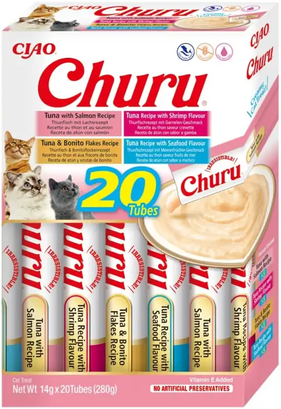INABA Cat Churu Varieties Seafood - kremowe przysmaki dla kotów z owocami morza 20x14g Premium
