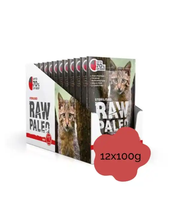 RAW PALEO STERILISED BEEF zestaw 12x100g - mokra karma dla kota z wołowiną Ostatnie sztuki