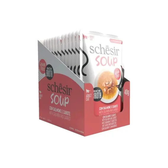 Ostatnie sztuki Schesir Soup 12x40g zupa dla kota łosoś z marchewką zestaw