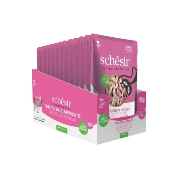 Bezpieczne zakupy Schesir Tuna Chicken Ham in Jelly 12x85g tuńczyk z kurczakiem i szynką w galarecie - karma dla kota zestaw
