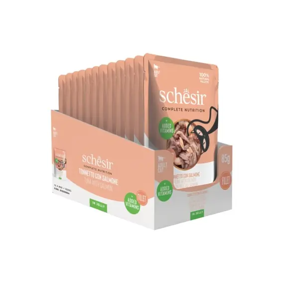 Zamów dziś Schesir Tuna Salmon Fillet in Jelly 12x85g tuńczyk i łosoś w galarecie - karma dla kota zestaw