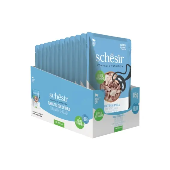 Ekspresowa dostawa Schesir Tuna Seabass Fillet in Jelly 12x85g tuńczyk i okoń morski w galarecie - karma dla kota zestaw